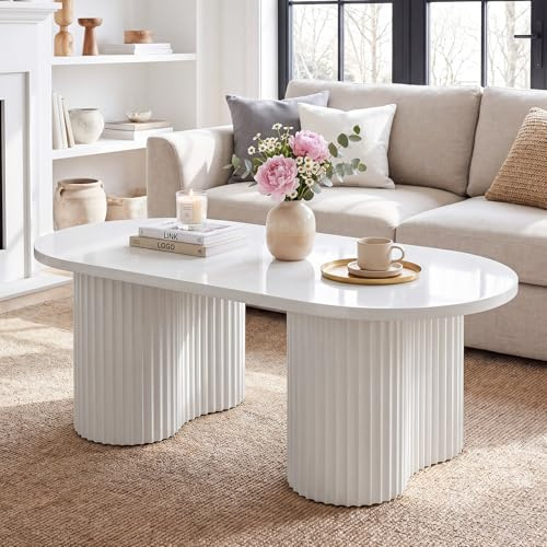 Tribesigns Ovaler Couchtisch 120 cm, Moderner Wohnzimmertisch mit geriffeltem Design, Teetisch mit stabilen Beinen für Wohnzimmer, Schlafzimmer, Büro, Einfache Montage, Weiß