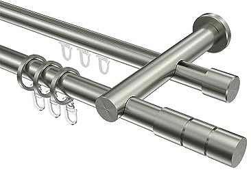 Interdeco Edelstahl Optik Rundrohr/Innenlauf Gardinenstange 20 mm Ø doppelläufig Platon Elanto, 160 cm
