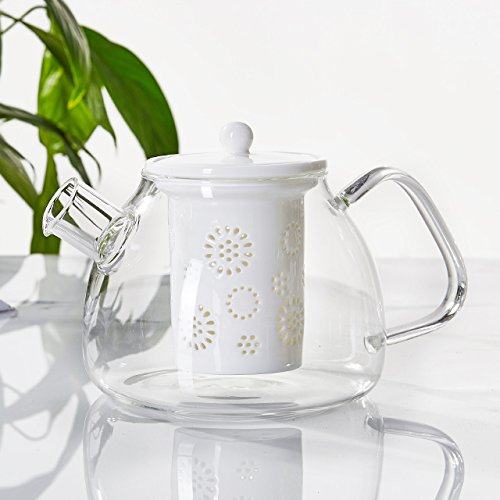 TAMUME 1000ml Théière en Verre avec Crépine en Porcelaine (White)