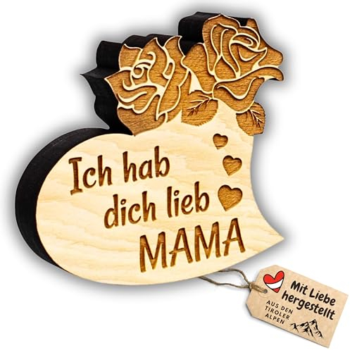 sagl.tirol Herz aus Zirbenholz Ich hab dich lieb Mama und Rosen Gravur [100% Naturprodukt] Muttertag I Mama Geschenk aus Zirbe I Herz Deko I Geschenkideen für die Mutter I Mama ich hab Dich lieb 9 cm