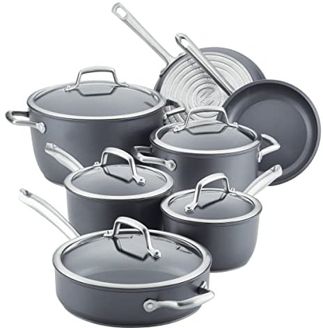 Anolon 81133 Accolade harteloxiertes Präzisions-Schmiede-Kochgeschirr-Set mit Glasdeckeln, 12-teiliges Topf- und Pfannenset, Moonstone