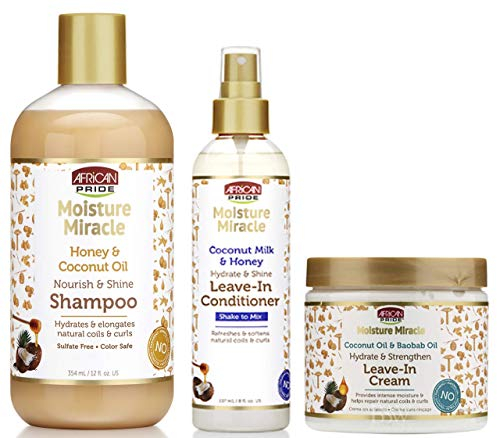 African Pride Moisture Miracle Shampoo, Leave-in Conditioner und Leave-in Creme SET, Kokosöl, Honig, Baobab Öl Hydrat Coconout Öl und Milch
