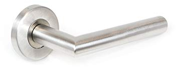 Emuca - Poignée de porte intérieur, ensemble de poignées de porte avec rosace D.53 mm, Modèle L-R, Acier inoxydable, Nickel satiné.