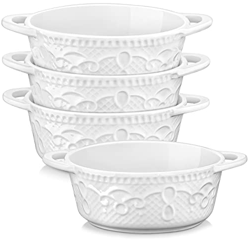 MALACASA, Series Bake.Bake, 290ML Mini Ramekins, Porcelain White Ramekins Dishes, Oval Souffle Dishes Brulee Dish Baking Dishes with Double Handle, 15 x 11.5 x 4.5 cm, Set of 4