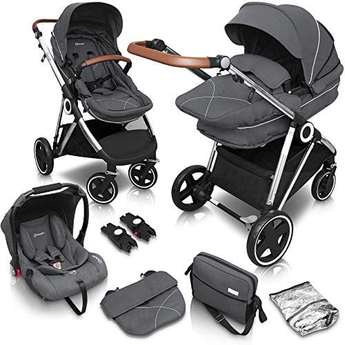 babyGO Kinderwagen 3 in 1 Halime mit Silber Gestell - Kinderwagenset für Babys - Kombikinderwagen für Kinder - Babywanne, Sportsitz und Auto-Babyschale mit viel Zubehör (Grau-Silber Gestell)