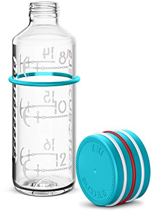 Motivierende Glasflasche 600 ml 0,6 l Trinkflasche mit Zeitmarkierung Trinkerinnerung, Kohensäure geeignet, BPA frei, auslaufsicher, bruchsicher, Navigator, Türkis