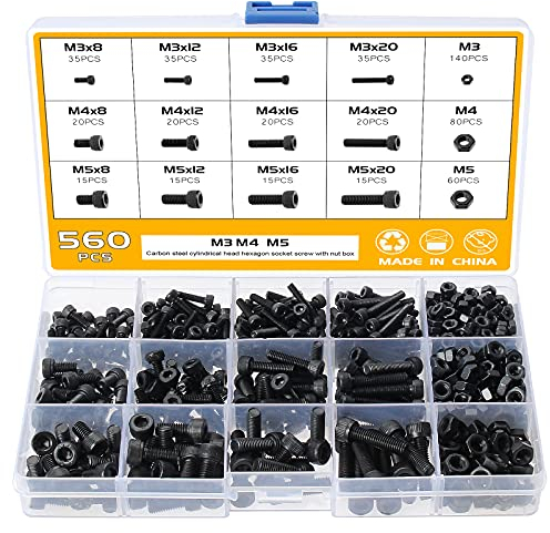 Faankiton 560STK M3 M4 M5 Zylinderschrauben mit Innensechskant Schrauben Set, Sechskantschrauben Innensechskant ;Muttern 12.9 Kohlenstoffstahl, Zylinderschrauben Schrauben Muttern Set