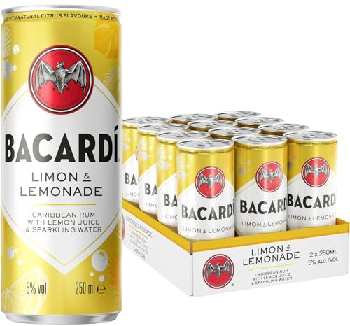 BACARDÍ Limón & Lemonade es un cóctel enlatado, listo para beber, elaborado con ron BACARDÍ y mezclado con limón, lima, pomelo y limonada con gas, ALC. 5 %, 25 cl / 250 ml