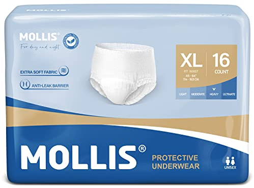 MOLLIS Inkontinenz Pants Erwachsene, Saugfähige Windelhosen für Männer und Frauen, Atmungsaktive Einweghosen, Optimaler Auslaufschutz über Nacht, Unisex, Größe XL, 16 Stück