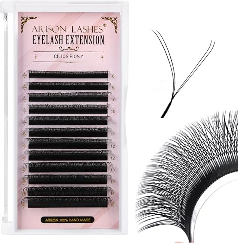 Arison Lashes YY Lash Extensions 0.07 D Curl 8-15mm Mixed Tray, Premade Volume Fans, Matte Black Faux Mink, Soft & Lightweight, 12 Rows