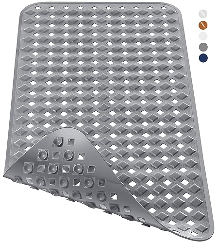 Yimobra Tappetino per vasca da bagno, extra lungo, antiscivolo, con fori di scarico, ventose, senza ftalati, senza lattice, senza BPA, lavabile in lavatrice (70 x 40 cm, grigio)