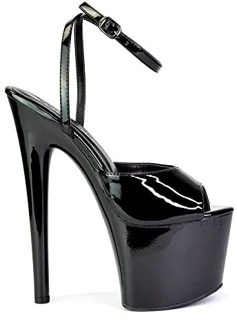 Womens Sky High Platform Heels Ladies Stiletto Strappy Ankle Strap Peep Toe Shoes Size 3-8 Black Patent