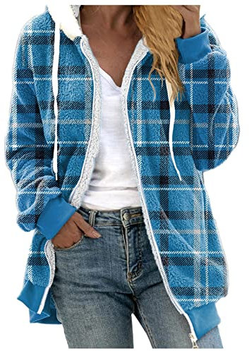BSWFA Damen Kapuzenjacke Winter Hoodie Warmer Plüschmantel mit Reißverschluss Tasche Lose Mantel Kapuzenpullover Teddy-Fleece Jacke Flauschjacke Langarm Kapuzenpulli Outwear Steetwear (J-Blue, XL)
