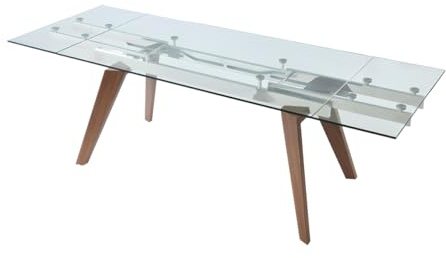 Vente-unique - Table à Manger Extensible ALTAMIRA - 6 à 8 Personnes - Verre trempé & Métal Effet Noyer