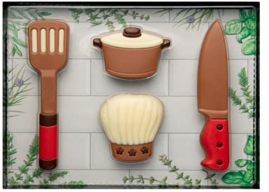 Confitería Weibler | Estuche de juego de cocina | Ollas de Cocina en Chocolate | Decoraciones de Chocolate con Leche - 125 Gr | Kit Cocina Sujetos Chocolate