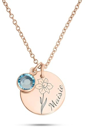 ZNA JEWELS Sterling Silver Birth Flower Necklace, Personalised Pendant, Gift for Her, 925 (18K Rose Gold)