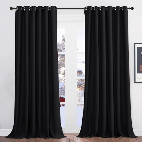 PONY DANCE Cortinas Dormitorio Opacas 2 Piezas Cortinas para Ventanas Grandes Cortina Negra Opaca con Ojales Cortinas Termicas Aislantes Frio y Calor, 200x260 CM, Negro