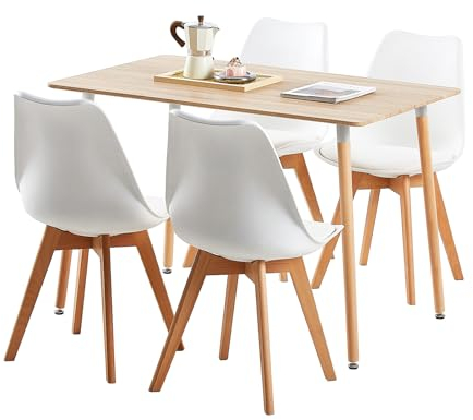 FURNITABLE Essgruppe 5-teilig | Küchentisch-Set | Esszimmertisch mit 4 Weißer Stühlen | Esszimmergruppe für Esszimmer Küche Wohnzimmer | Eiche Tisch