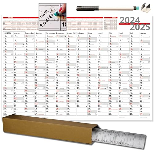 Schuljahresplaner 2024/2025 Wandkalender XXL Schuljahresplaner abwischbar mit Stift und Halter Schuljahres-Wandkalender Eltern, Lehrer & Schüler Sonn-und Feiertage in Rot B1 100 x 70 cm
