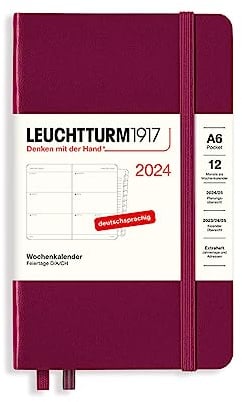 LEUCHTTURM1917 367629 Wochenkalender Pocket (A6) 2024, mit Extraheft für Adressen und Jahrestage, Port Red, Deutsch, 12 Monate