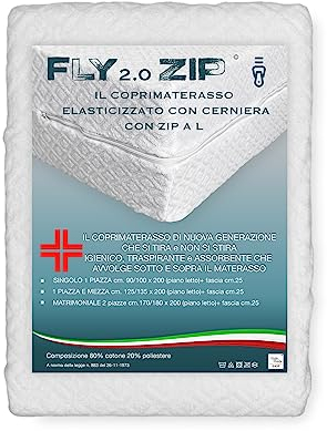 Coprimaterasso Elasticizzato con Cerniera Zip Fly 2.0 Spugna Jacquard, Protezione Totale, Traspirante, Lavabile, Copertura Completa per Materassi Ortopedici - Singolo 1 Piazza