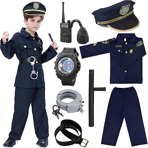 Cnexmin Polizei-Kostüm für Kinder, Polizeikostüm mit Zubehör, Hemd, Hose, Hut, Gürtel, Pistoletten und Pistolenetui, Walkie-Talkie-Set für Karneval, Halloween, Blau M