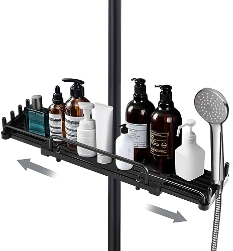 Vusddy Duschablage ohne Bohren für Duschstange 18-25mm - Duschregal Teleskopisch 28-44cm - Duschstangen Aufbewahrungsregal zum Hängen mit Haken für Badezimmer(Schwarz)