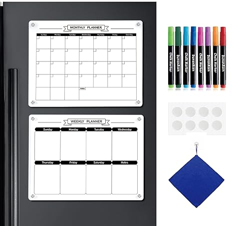 DumanAsen Dumanasen Acrylic Magnetic Monthly and Weekly Calendar for Fridge, 16x12 Set of 2 Dry Erase Whiteboard Calendar for Fridge, Includes 8 Colorful Marker (White Acrylic 2 Pack)