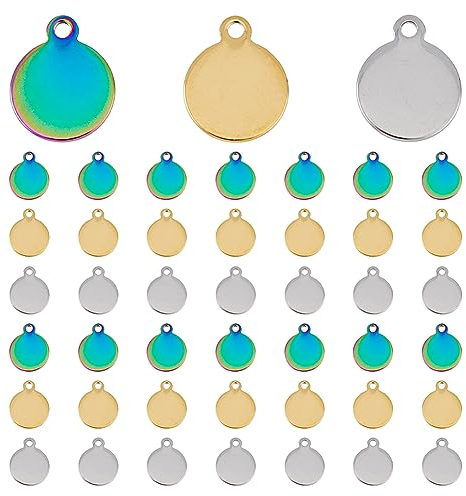 DICOSMETIC 90 Stück Stempel Anhänger Mit Blanko Anhänger 3 Farben 10mm Flach Rund Goldene Münzanhänger Metallanhänger Mit 1.4mm Schlaufe Aus Edelstahl Anhänger Für Die Schmuckherstellung