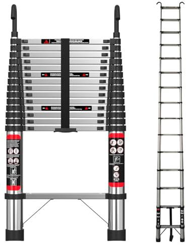 Telescoping Ladder 4.4M Newest Stainless Steel Heavy Duty Portable Compact Ladder with Hooks 14.5FT Multi Purpose Collapsible Attic Loft Telescopic Ladder Adjustable Height EN131 Standard for RV Loft