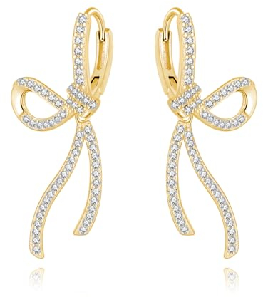 SLUYNZ Sterlingsilber CZ Schleife Creolen Ohrringe für Frauen Damen Strass Schleife Creolen Huggie (B-Gold)