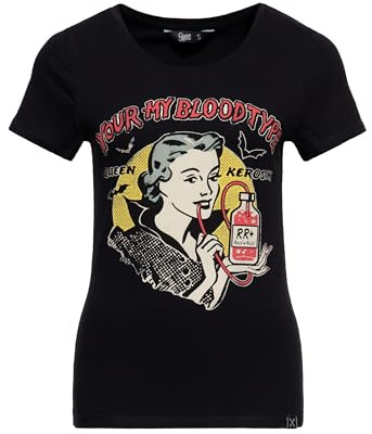 Queen Kerosin Damen T-Shirt Rockabella Vampir 50S Slim Fit Front-Print Retro Vintage Elastan Rock'n'roll Halloween Comic Art You're My Blood Type