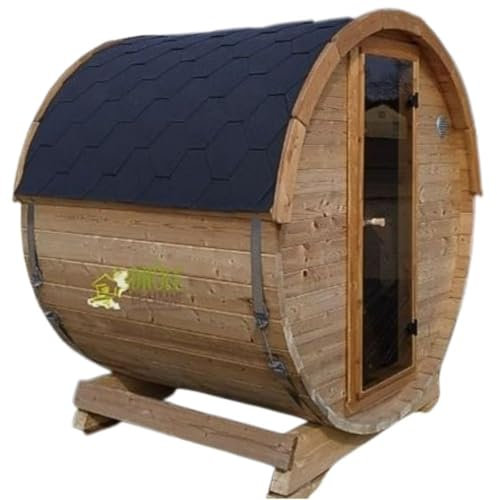 Tonneau Sauna d'extérieur en kit, chaudière électrique COMPRISE, bois thermo- traité, 2 à 4 personnes 1,60m x diam 1,96m / hauteur 2,15m shingle noir