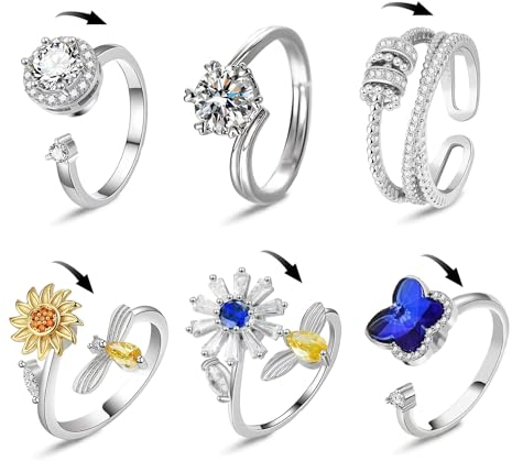 Yeefunjoy 6Pcs Silber Fidget Angst Ringe Set, Zappelringe Anxiety Ring, Offener Ringe Fidget Spinner Silber Ringe, Stressringe, Band Ring für Damen Herren Verstellbare Stapelbare für Stress Abbauen