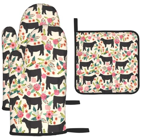 Jbyjbx Juego de manoplas y soportes para ollas de cocina, resistentes al calor, con estampado de vacas de buey y flores, color rosa, 5.7 x 11 pulgadas