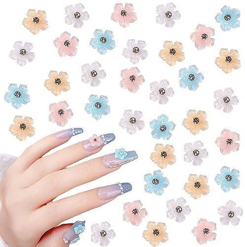 Flower Nail Charms,60PCS Mixed Colors Rhinestone Flower Nail Gems,Resin Floral Nail Art Decorations for Women Girls Manicure Design DIY Crafts (Colorful Flowers)