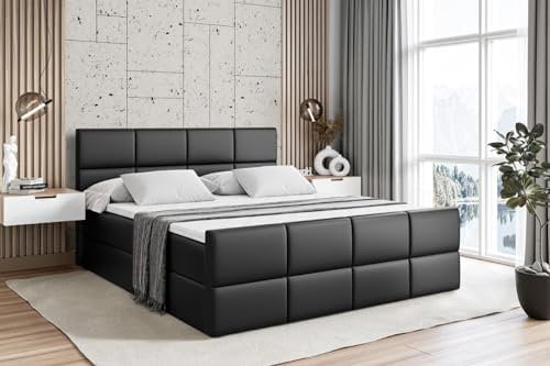 ALTDECOR Boxspringbett mit Matratze und Lattenrost, Boxbett, Topper, Fußteil, Polsterbett mit Bettkasten, Bett mit Stauraum H4-Matratze, Springboxbett - ARDENI-Z - 200x200 - Schwarz Kunstleder