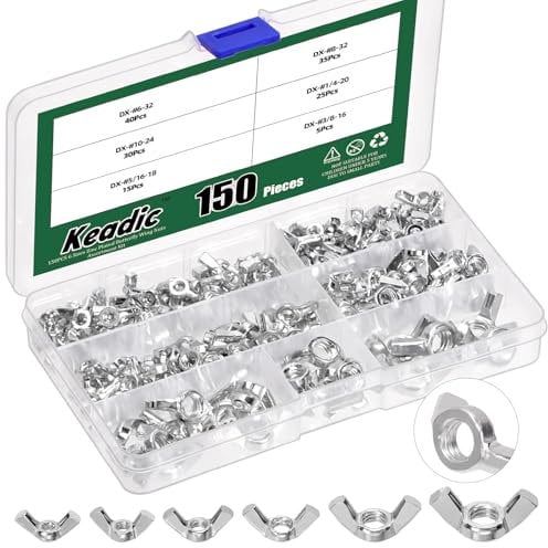 Keadic Set di 150 dadi ad ala SAE, 6-32, 8-32, 10-24, 1/4-20, 5/16-18, 3/8-16, in acciaio al carbonio zincato a farfalla, per l'industria domestica