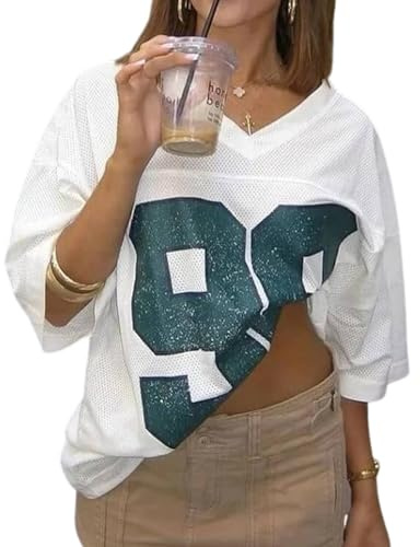 Oversized Jersey Women Summer Tops 2024 Grunge Graphic Tees Y2k Streetwear Short Sleeve Shirts (Green,L,Large)