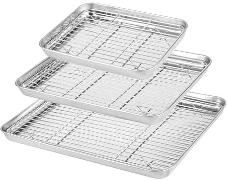 WENLISELL Baking Tray with Cooling Rack Set of 6, Stainless Steel Baking Sheet Non Stick, Baking Trays for Bread, Meat Cooking(3 Tray+3 Rack)
