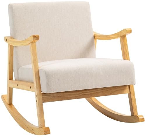 HOMCOM Schaukelstuhl mit gepolsterter Sitzfläche und Beinen aus Holz, moderner Stil, Maße: 66 x 92 x 78 cm, beige