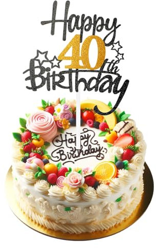 Happy 40th Birthday Cake Topper, Black Gold Glitter 40th Birthday Cake Pick Cake Decoration for Happy 40 Years Old Birthday Anniversary Party Supplies