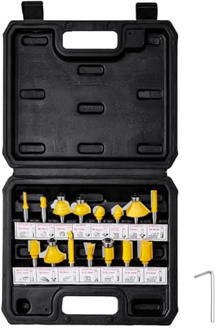 VEVOR Fraises Défonceuse, 6,35 mm, Coffret de 15 Fraises à Rainurer Bois en Carbure, Kit Outils de Travail du Bois pour Menuisiers Professionnels, Débutants, MDF, Panneaux de Particules, Contreplaqué