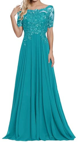 Abendkleider Damen Spitze Lang Mutter der Braut Kleider Chiffon A-Linie Hochzeit Partykleid mit Ärmeln Türkis 42