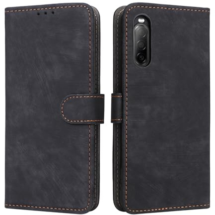 LMFULM® Hülle für Sony Xperia 10 II XQ-AU51/ XQ-AU52/ SO-41A (6,0 Zoll) PU Lederhülle Retro Gefrostet Magnetverschluss Handytasche Anti-Diebstahl-Bürste Brieftasche Stand Ledertasche Schwarz