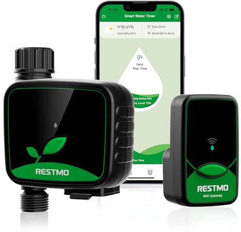 RESTMO WiFi-Bewässerungscomputer, programmierbare Wasserzeitschaltuhr für die Gartenbewässerung, 3 Bewässerungsmodi, geeignet für Außenwasserhähne und Rasenbewässerungssysteme, 1 Zone