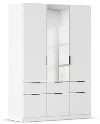 Rauch Möbel Dundee, Kleiderschrank, Schrank, Garderobe, Organizer, 3-türig, mit Spiegel, 6 Schubladen für mehr Stauraum, Farbe Weiß, Kurze Griffleiste Grau metallic, 136x197x54cm
