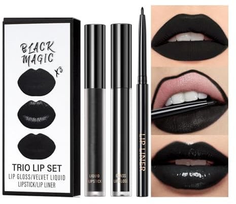 3 Stück Schwarzer Lippenstift Set Matt Lipgloss Lipliner Schwarz Langanhaltender Hochpigmentiert Wasserfester Lippenstifte 24 Stunden Halt