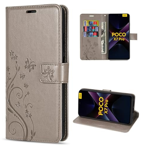 betterfon Handyhülle kompatibel mit Poco X7 Pro 5G | Premium PU Leder Handy Hülle Wallet Case | Schutzhülle Blumen Klapphülle | Grau
