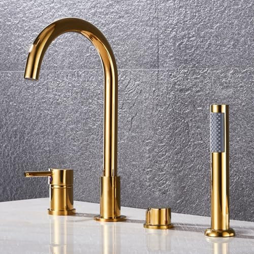GLETSF Ensemble De Pommeau De Douche, Mitigeur Bain-Douche Doré, Mitigeur Bain-Douche 4 Trous, Pivotant À 360°, Mitigeur Monocommande pour Salle De Bain, Eau Chaude Et Froide, M-Gold
